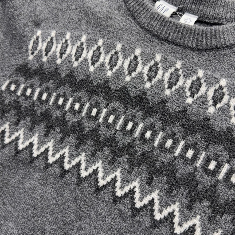Gap Kids Fair Isle Sweater 2XL 14-16 Gray Cotton Knit Geometric Pullover Youth